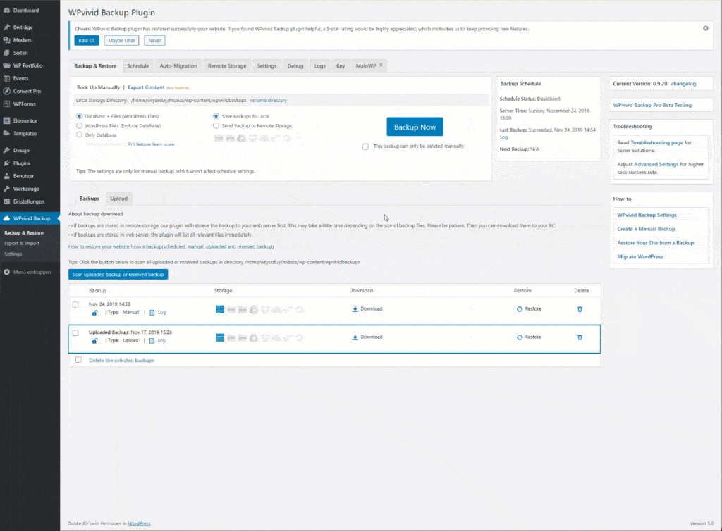 Wordpress Backup aus WPvivid vor der Migration herunterladen