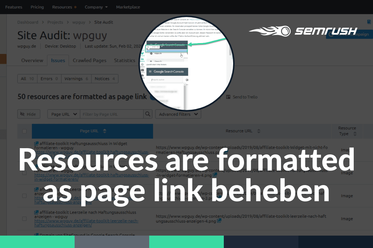 SEMrush resources are formatted as page link beheben